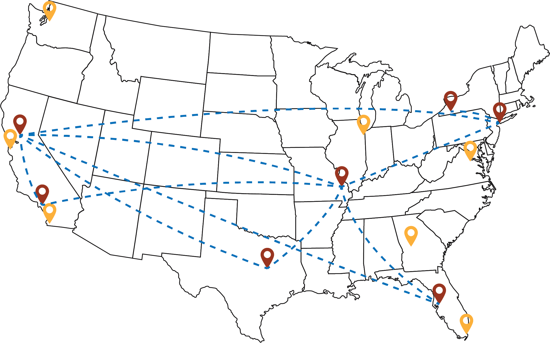 Map displaying non specified WeShip locations across the United States with lines connecting to certain locations indicating temperature controlled line haul