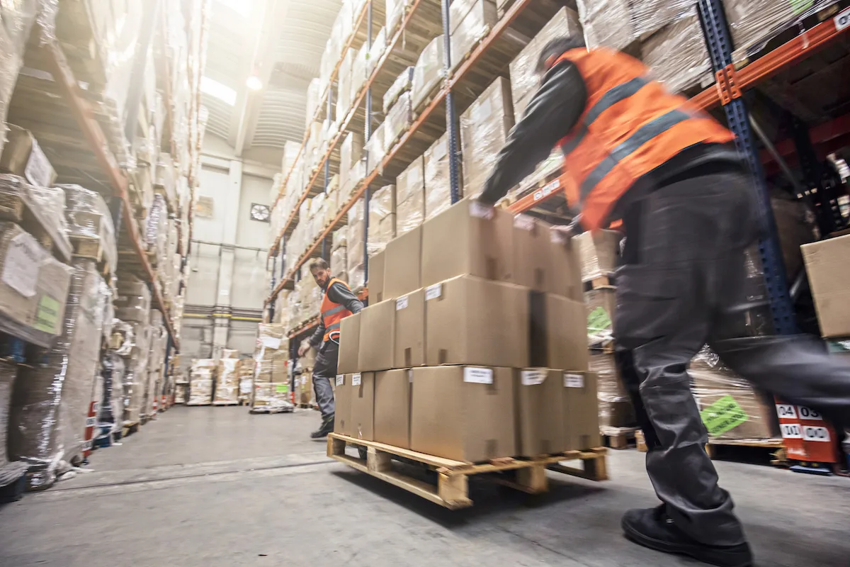 Workers in a warehouse organizing boxes for shipment.